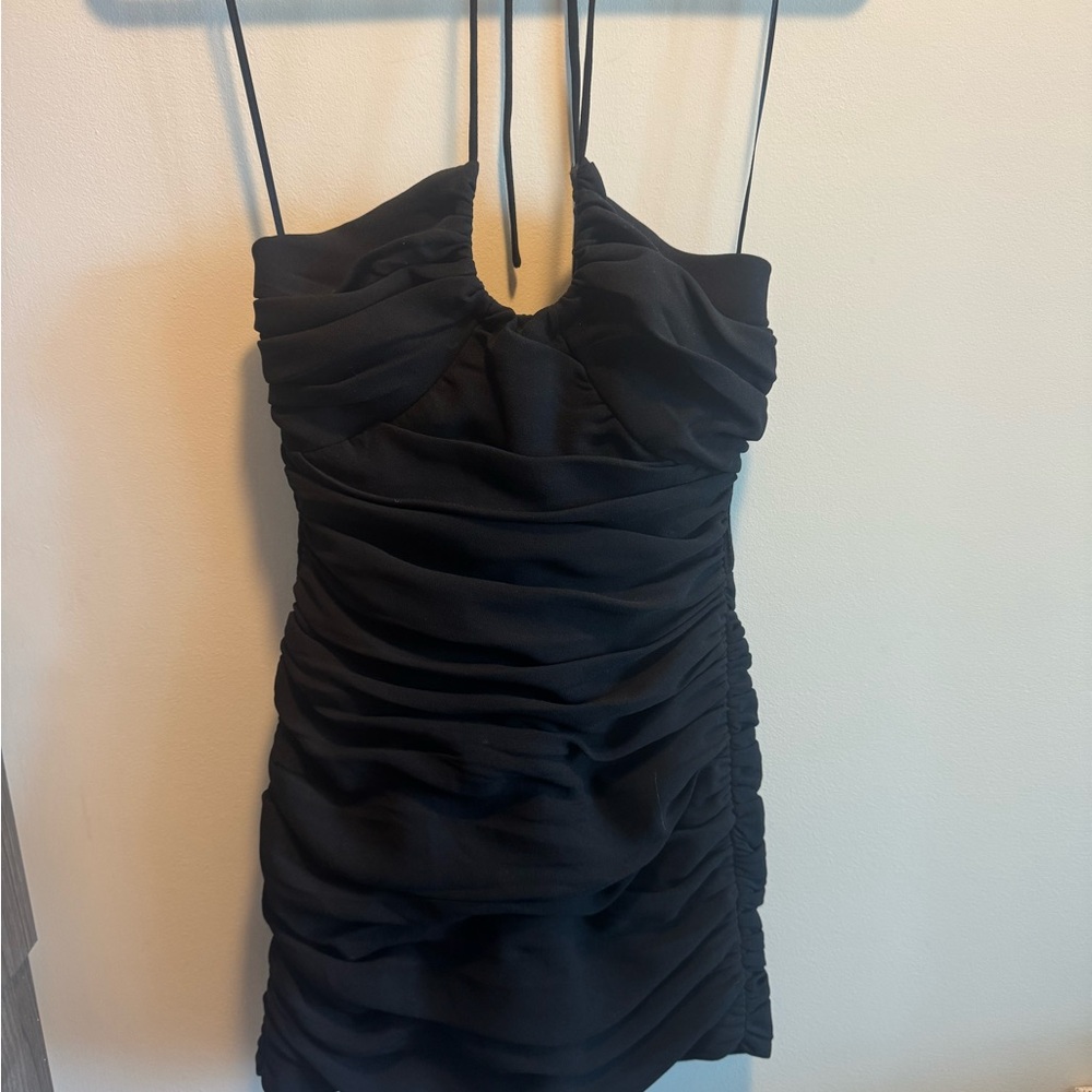Zara Black Ruched Mini Dress with Spaghetti Straps